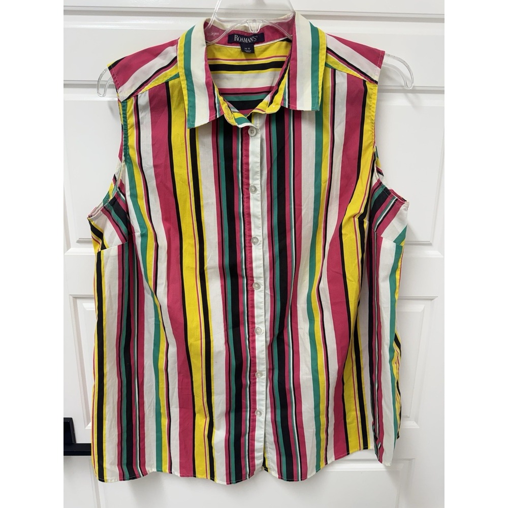 Roamans Womens 20W Sleeveless Striped Button Up Shirt Blouse Multicolor Plus